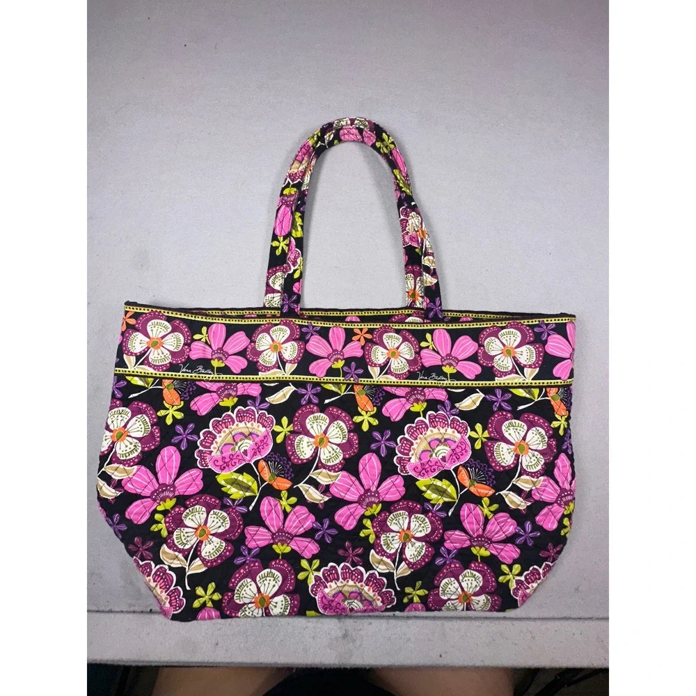 Vera Bradley Quilted Cotton Floral Tote Bag Pink Purple Black Shoulder Bag